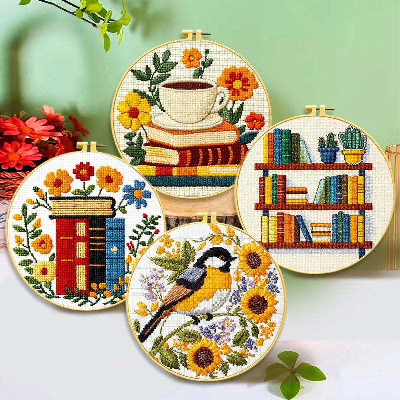 Zhenqing Book Lover's Cross Stitch Kit - 4-Piece Set with Pre-Printed 11CT 24x24cm Fabric, Hoop & Tools, Reading & Flower Themes for Beginners(70411) - Image 1